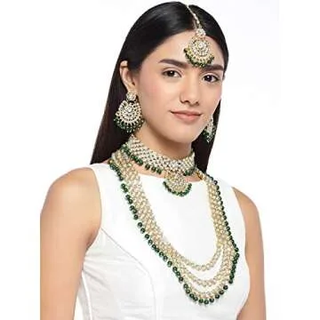 Aheli Indian Wedding Kundan Beaded Heavy Bridal Long Choker Necklace Earrings with Maang Tikka Traditional Jewellery Set for Women (Green)
