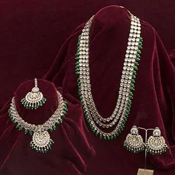 Aheli Indian Wedding Kundan Beaded Heavy Bridal Long Choker Necklace Earrings with Maang Tikka Traditional Jewellery Set for Women (Green)