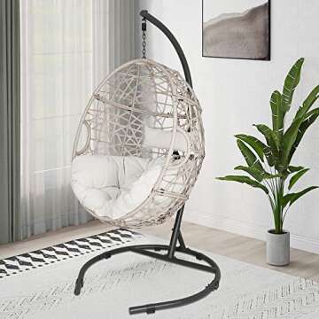 Iwicker Outdoor Rattan Egg Hanging Swing Chair with Cushions and Stand (Beige)