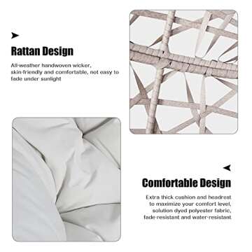 Iwicker Outdoor Rattan Egg Hanging Swing Chair with Cushions and Stand (Beige)