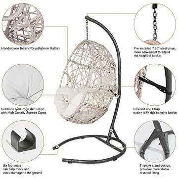 Iwicker Outdoor Rattan Egg Hanging Swing Chair with Cushions and Stand (Beige)