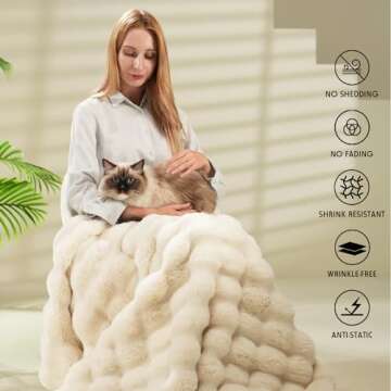Super Comfort Oversized Warm Thick Bubble Luxury Plush Rabbit Faux Fur Throw Blanket, Fluffy Blanket,Soft Cozy Blanket for Couch Chair Bed Sofa Living Room,White 50'' x 60''