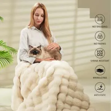 Super Comfort Oversized Warm Thick Bubble Luxury Plush Rabbit Faux Fur Throw Blanket, Fluffy Blanket,Soft Cozy Blanket for Couch Chair Bed Sofa Living Room,White 50'' x 60''