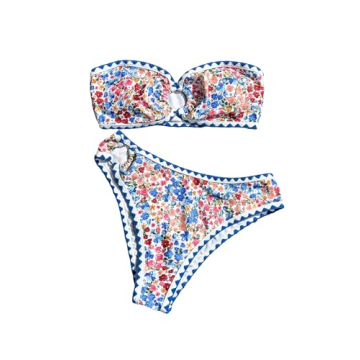 MakeMeChic Women's 2 Piece Bandeau Swimsuit - Chic Ring Strapless High Cut Bikini Set