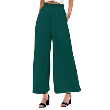 Pasgreson Womens Elastic High Waist Wide Leg Pants Palazzo Lounge Pants Casual Loose Flowy Pants with Pockets Green M