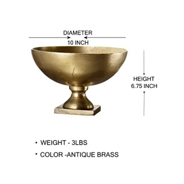 Serene Spaces Living Antique Brass Pedestal Bowl - Vintage Wedding Centerpiece and Flower Vase for Dining Table, Entryway Decor, 10" Diameter