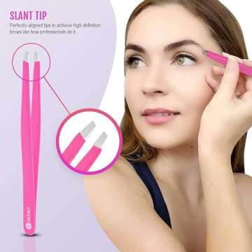 Alfaly Tweezers Set - Professional Stainless Steel 5-Piece Precision Tweezer for Men & Women - Great for Facial Hair Removal, Eyebrow Shaping, Splinters & Ingrown (Pink)