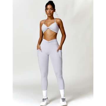 ABOCIW Workout Sets for Women 2 Piece Outfits Twist Waist High Waist Leggings with Pockets Halter Twist Front Sports Bra Gym Sets Twist Light Purple X-Large