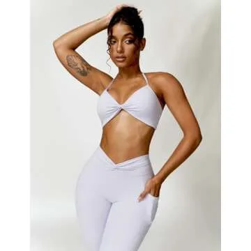 ABOCIW Workout Sets for Women 2 Piece Outfits Twist Waist High Waist Leggings with Pockets Halter Twist Front Sports Bra Gym Sets Twist Light Purple X-Large