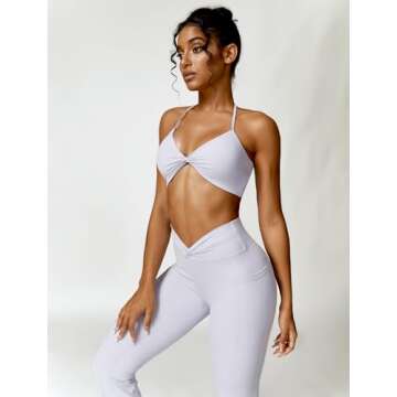 ABOCIW Workout Sets for Women 2 Piece Outfits Twist Waist High Waist Leggings with Pockets Halter Twist Front Sports Bra Gym Sets Twist Light Purple X-Large