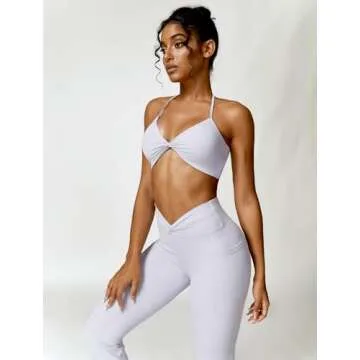 ABOCIW Workout Sets for Women 2 Piece Outfits Twist Waist High Waist Leggings with Pockets Halter Twist Front Sports Bra Gym Sets Twist Light Purple X-Large