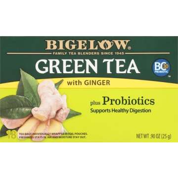 Bigelow Tea Green Tea with Ginger Plus Probiotics, Caffeinated, 18 Count, (Pack of 1), 18 Total Tea Bags