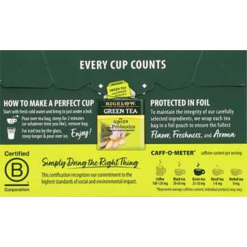 Bigelow Tea Green Tea with Ginger Plus Probiotics, Caffeinated, 18 Count, (Pack of 1), 18 Total Tea Bags