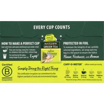 Bigelow Tea Green Tea with Ginger Plus Probiotics, Caffeinated, 18 Count, (Pack of 1), 18 Total Tea Bags