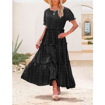 YESNO Floral Maxi Dress for Women - Puff Sleeve and Pockets