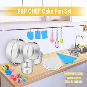 153Pcs Cake Baking Pan Set Decorating Supplies Kit, P&P CHEF Stainless Steel 4/6/8/9.5 Inch Cake Pans with Icing Tips Tools, Parchment Papers, Whisk, Egg Separator, Muffin Cups, Measuring Spoon