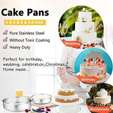 153Pcs Cake Baking Pan Set Decorating Supplies Kit, P&P CHEF Stainless Steel 4/6/8/9.5 Inch Cake Pans with Icing Tips Tools, Parchment Papers, Whisk, Egg Separator, Muffin Cups, Measuring Spoon