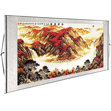 Large Size Feng Shui Painting Treasure Basin,Hand Mounted Wall Scroll Waterfalls Painting Wall Sculptures Ready to Hang, Office Living Room Decoration Landscape Painting (67" W x 29" H)