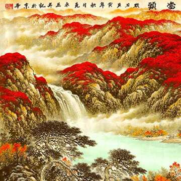 Large Size Feng Shui Painting Treasure Basin,Hand Mounted Wall Scroll Waterfalls Painting Wall Sculptures Ready to Hang, Office Living Room Decoration Landscape Painting (67" W x 29" H)