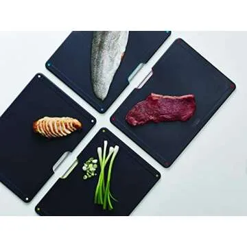 Joseph Joseph Folio 4-Piece Color coded Cutting Board Set, Steel Slimline Case for Organized Kitchen Storage, Large, Carbon Black