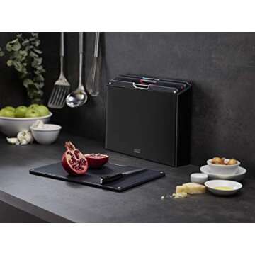 Joseph Joseph Folio 4-Piece Color coded Cutting Board Set, Steel Slimline Case for Organized Kitchen Storage, Large, Carbon Black