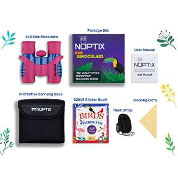 Binoculars for Kids, Girls or Boys Real Kids Binoculars in Vibrant Pink Blue - includes Sticker Book with 40 Bird Species - Kids Toys Small Binoculars, Toddler Binoculars