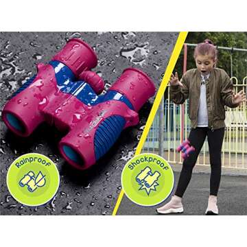 Binoculars for Kids, Girls or Boys Real Kids Binoculars in Vibrant Pink Blue - includes Sticker Book with 40 Bird Species - Kids Toys Small Binoculars, Toddler Binoculars