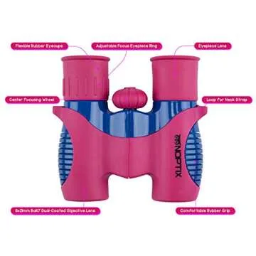 Binoculars for Kids, Girls or Boys Real Kids Binoculars in Vibrant Pink Blue - includes Sticker Book with 40 Bird Species - Kids Toys Small Binoculars, Toddler Binoculars