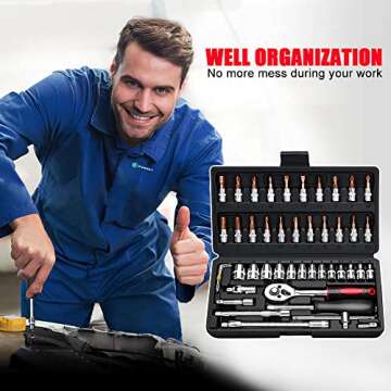46 PCS Socket Wrench Set, Mechanic Tool Kit Quick-release Ratchet, 1/4" Drive Bit Metric Combination Tools for Auto Repairing & Household with Storage Case