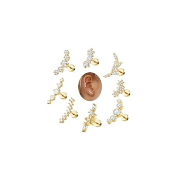 ZELORES 8Pcs 16G Cartilage Earring Stainless Steel Star Flower Opal CZ Helix Earrings Flat Back Cart...