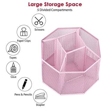 POPRUN Pink Desk Supplies and Accessories, Cute Pen/Pencil Holder, Rotating Art Supply Storage Box Caddy for Office, School, Classroom and Art Supply for Girls