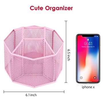 POPRUN Pink Desk Supplies and Accessories, Cute Pen/Pencil Holder, Rotating Art Supply Storage Box Caddy for Office, School, Classroom and Art Supply for Girls