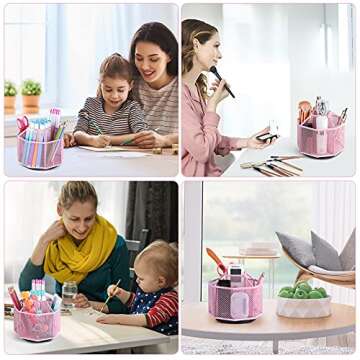 POPRUN Pink Desk Supplies and Accessories, Cute Pen/Pencil Holder, Rotating Art Supply Storage Box Caddy for Office, School, Classroom and Art Supply for Girls