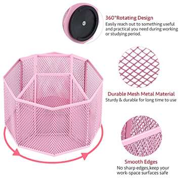 POPRUN Pink Desk Supplies and Accessories, Cute Pen/Pencil Holder, Rotating Art Supply Storage Box Caddy for Office, School, Classroom and Art Supply for Girls