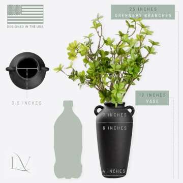 12 Inch Tall Black Ceramic Vase, with 5 Branches of 25 Inch Faux Artificial Vibrant Greenery Stems Set, Textured Minimalist Jug, Fake Stem Plants, Decorative Farmhouse, Console Table Centerpiece Decor