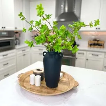 12 Inch Tall Black Ceramic Vase, with 5 Branches of 25 Inch Faux Artificial Vibrant Greenery Stems Set, Textured Minimalist Jug, Fake Stem Plants, Decorative Farmhouse, Console Table Centerpiece Decor