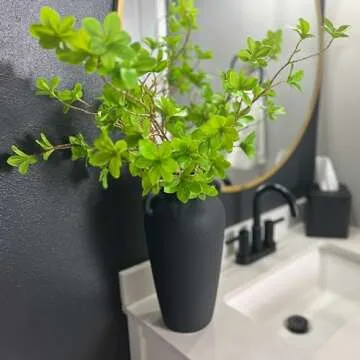 12 Inch Tall Black Ceramic Vase, with 5 Branches of 25 Inch Faux Artificial Vibrant Greenery Stems Set, Textured Minimalist Jug, Fake Stem Plants, Decorative Farmhouse, Console Table Centerpiece Decor