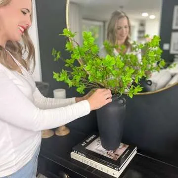 12 Inch Tall Black Ceramic Vase, with 5 Branches of 25 Inch Faux Artificial Vibrant Greenery Stems Set, Textured Minimalist Jug, Fake Stem Plants, Decorative Farmhouse, Console Table Centerpiece Decor