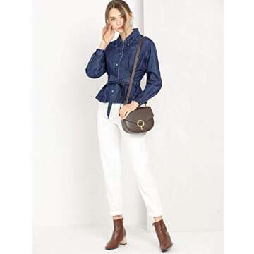 Allegra K Women's Crop Denim Jacket Point Collar Long Sleeve Belted Button Down Jean Jackets Small Navy Blue