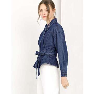 Allegra K Women's Crop Denim Jacket Point Collar Long Sleeve Belted Button Down Jean Jackets Small Navy Blue