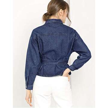 Allegra K Women's Crop Denim Jacket Point Collar Long Sleeve Belted Button Down Jean Jackets Small Navy Blue