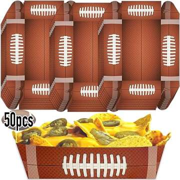 Football Disposable Paper Trays| (50 pcs) Fair Food Boats Concession Snacks| Carnival Nachos, Chips Serving Basket| Football Theme Paper Food Tray| Big Game Snack Tray| Football Party Baskets|BASHOUT