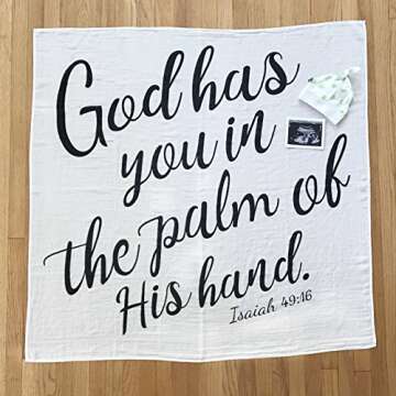 YeegfeyA Baby Swaddle Scripture Blanket with Bible Verse Quote - Newborn Baby Shower Christening/Baptism Godchild or Dedication Gift - 100% GOTS Muslin Cotton Receiving Blanket (Isaiah 49:16)