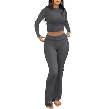 ANRABESS Women 2 Piece Outfits Lightweight Lounge Sets Long Sleeve Cropped Top Fold-over Flare Pants...