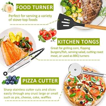 Silicone Kitchen Cooking Utensil Set, Fungun 35 Pcs Kitchen Utensils Spatula Set with Utensil Holder for Nonstick Cookware, BPA Free Cooking Utensils, Kitchen Tools Gift (Black)