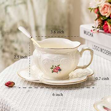 S.ROKE TTAN Porcelain Coffee Cup Set (6.8 oz, 2 pcs), Vintage Floral Series, European Style, Includes Saucer & Spoon, Reusable for Coffee & Tea Lovers