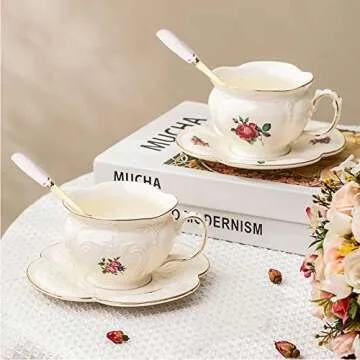 S.ROKE TTAN Porcelain Coffee Cup Set (6.8 oz, 2 pcs), Vintage Floral Series, European Style, Includes Saucer & Spoon, Reusable for Coffee & Tea Lovers