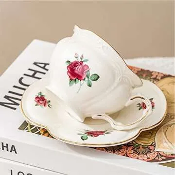 S.ROKE TTAN Porcelain Coffee Cup Set (6.8 oz, 2 pcs), Vintage Floral Series, European Style, Includes Saucer & Spoon, Reusable for Coffee & Tea Lovers