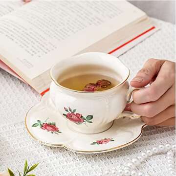 S.ROKE TTAN Porcelain Coffee Cup Set (6.8 oz, 2 pcs), Vintage Floral Series, European Style, Includes Saucer & Spoon, Reusable for Coffee & Tea Lovers