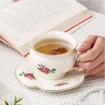 S.ROKE TTAN Porcelain Coffee Cup Set (6.8 oz, 2 pcs), Vintage Floral Series, European Style, Includes Saucer & Spoon, Reusable for Coffee & Tea Lovers